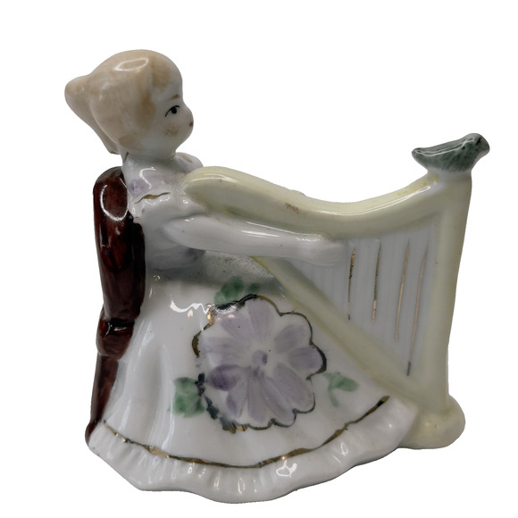 Vintage Figurine 18th Century Girl Playing Harp/Floral Dress/Bird Hand Painted - Picture 1 of 9
